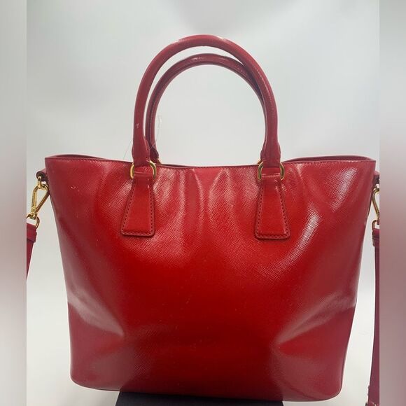 Prada Saffiano Vernice Rosso Red Leather Tote Bag Auth Preloved Patent Purse - Picture 7 of 15